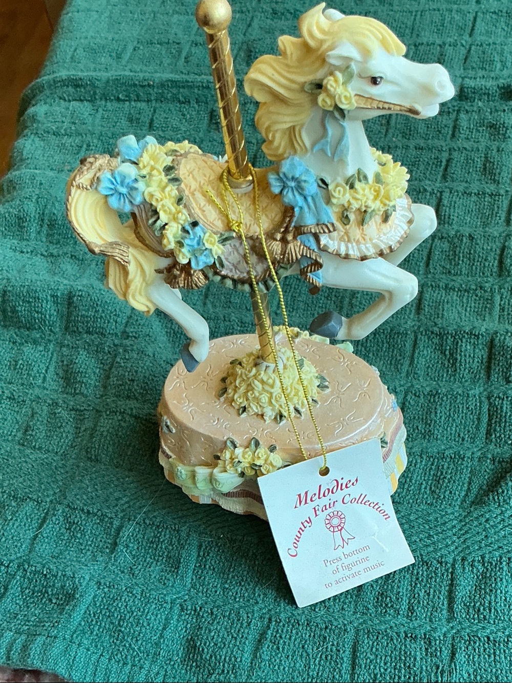 Melodies Pale Yellow & Blue Carousel Horse Music Box